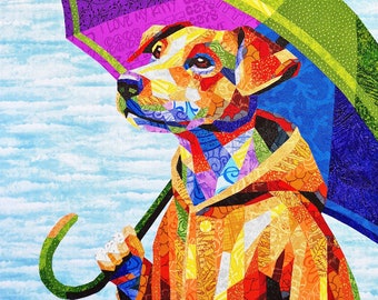 Rainy Day Dog Art Quilt Pattern, Animal Fabric Collage, Raw Edge Applique Pattern