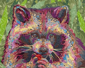 BUBU THE RACCOON quilt pattern. Fabric collage, fabric collage, applique