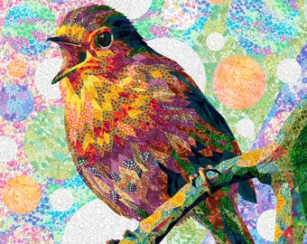 SINGING BIRD quilt pattern, fabric collage, applique