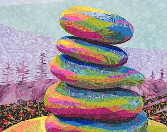 STONES quilt pattern, landscape fabric collage, applique
