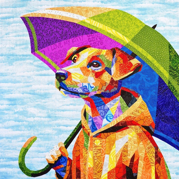 RAINY DAY DOG quilt pattern, fabric collage, applique