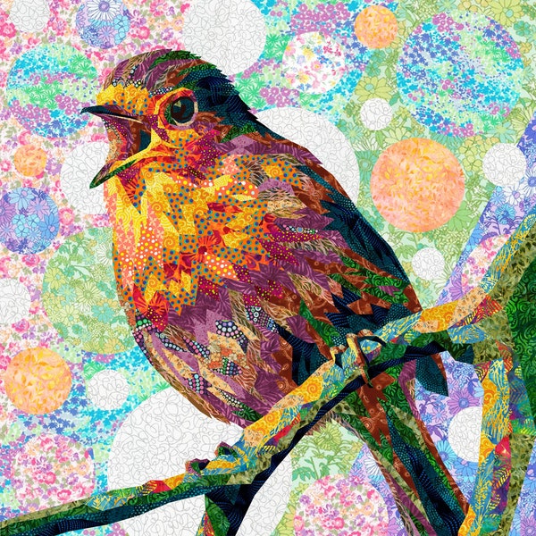 SINGING BIRD quilt pattern, fabric collage, applique