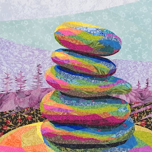 STONES quilt pattern, landscape fabric collage, applique