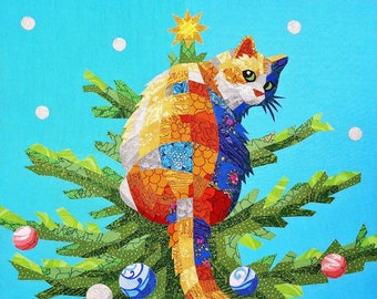 Gonna CATCH THE STAR! Cat quilt pattern, fabric collage, applique