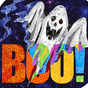 BOO! Halloween quilt pattern, fabric collage, applique