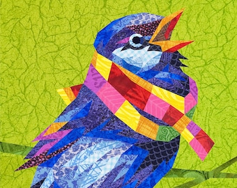 SPARROW IN A SCARF quilt pattern, fabric collage, applique