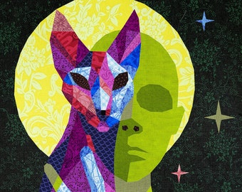 Cat and Alien Art Quilt Pattern, Cosmic Fabric Collage, Raw Edge Applique Pattern