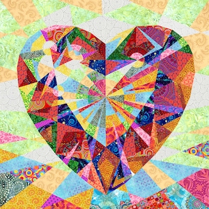 DIAMOND HEART quilt pattern, fabric collage, applique