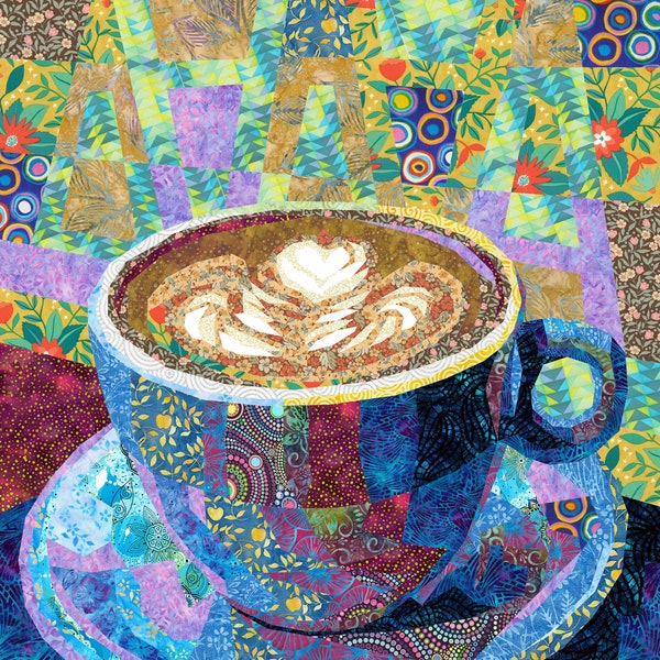 BLUE CUP of COFFEE quilt pattern, fabric collage, applique