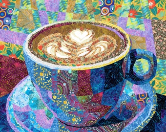 BLUE CUP of COFFEE quilt pattern, fabric collage, applique