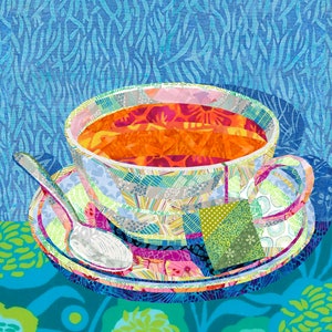 CUP OF TEA quilt pattern, still life fabric collage, applique
