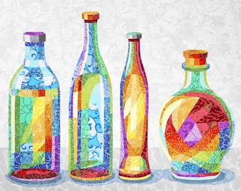 Bottles Art Quilt Pattern, Still Life Fabric Collage, Raw Edge Applique Pattern