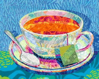 CUP OF TEA quilt pattern, fabric collage, applique