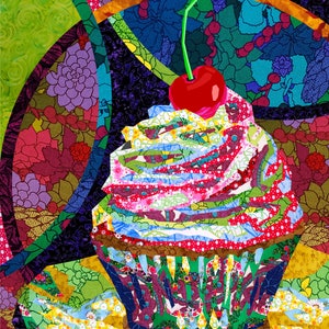 CUPCAKE quilt pattern, still life fabric collage, applique