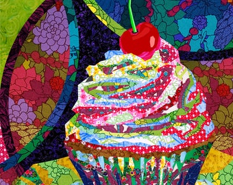 CUPCAKE quilt pattern, still life fabric collage, applique