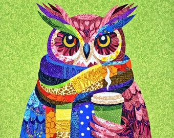 Owl in Patchwork Scarf Art Quilt Pattern, Bird Fabric Collage, Raw Edge Applique Pattern