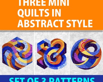 Three mini QUILTS in ABSTRACT STYLE  quilt pattern, fabric collage, applique