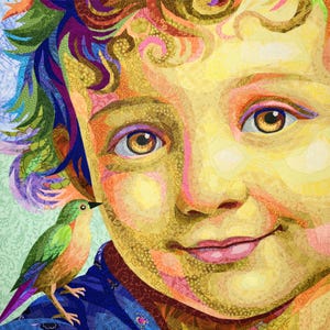 The BOY and the LITTLE BIRD quilt pattern, fabric collage, applique
