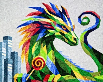 SWEET TOOTH DRAGON quilt pattern, fabric collage, applique