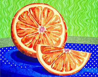 ORANGE FRUIT quilt pattern, still life fabric collage, applique