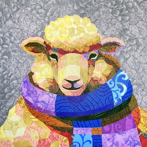 SHEEP in a SCARF quilt pattern, fabric collage, applique