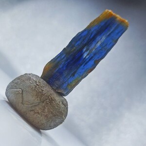 Pu&ograve; includere: Un esemplare di cristallo blu e oro su una base di roccia grigia. Il cristallo &egrave; lungo e sottile con una superficie striata.
