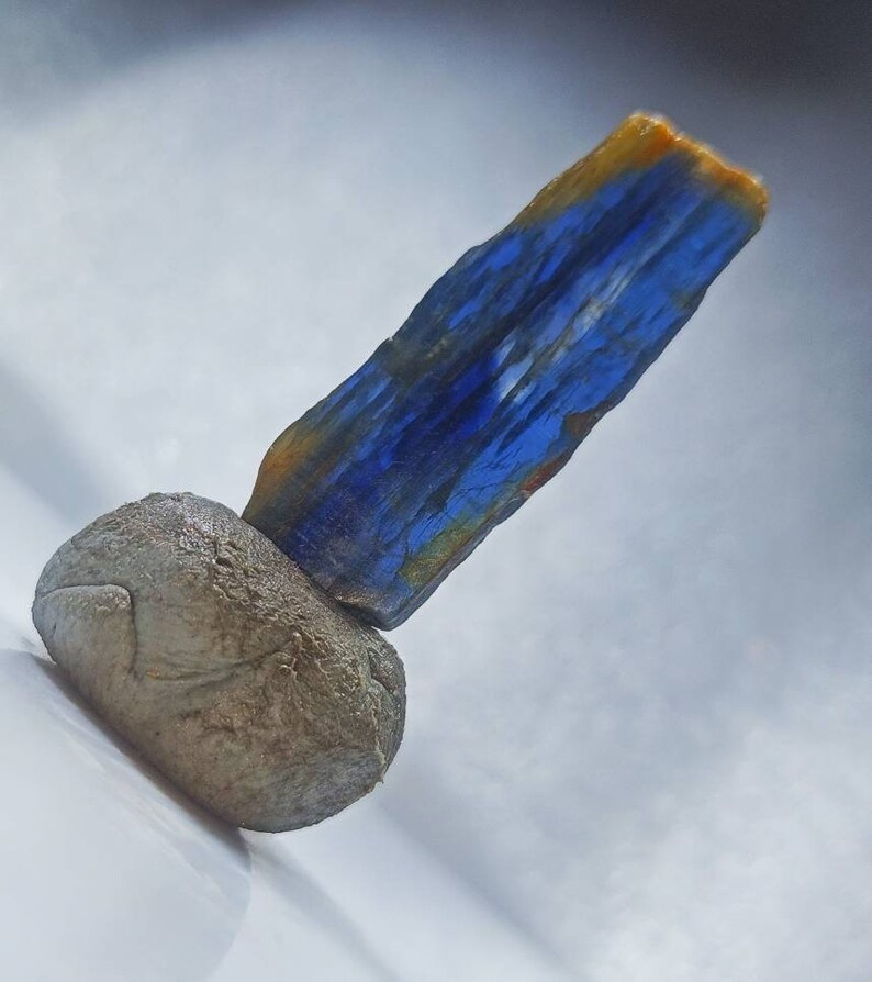 Pu&ograve; includere: Un esemplare di cristallo blu e oro su una base di roccia grigia. Il cristallo &egrave; lungo e sottile con una superficie striata.