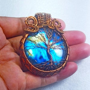 Blue Labradorite Necklace: Copper Wire Wrapped Tree of Life Pendant