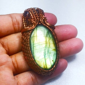 Green Labradorite Necklace: Copper Wire Wrapped Pendant, Witchy Boho Style