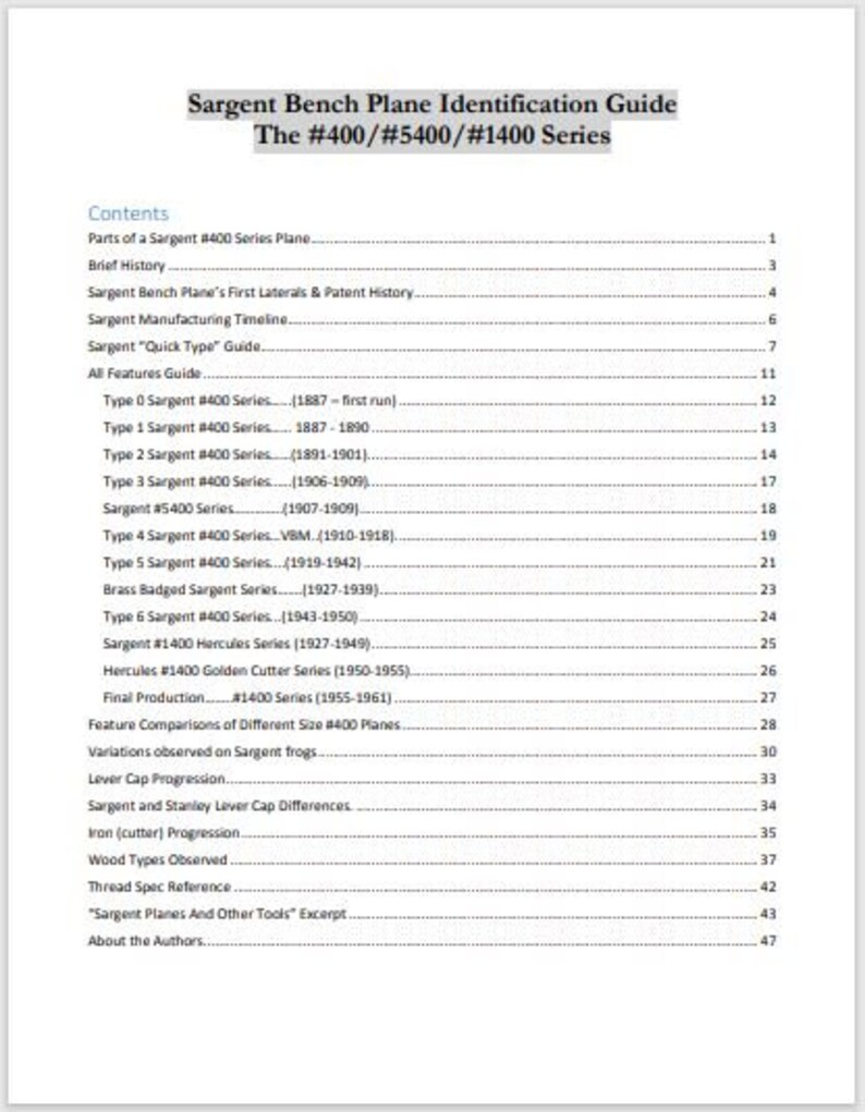 Sargent Bench Planes Identification Guide. the 400/5400/1400 Series Etsy