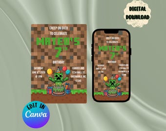 Printable Editable Invite | Video Game Party | Gamer Birthday Invitation | Instant Download | Mine Gaming | Digital Template