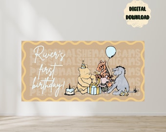 Primer cumpleaños / Winnie the Pooh / Plantilla de banner / Banner / ARCHIVO DIGITAL EDITABLE / Edición en Canva / Personalizable