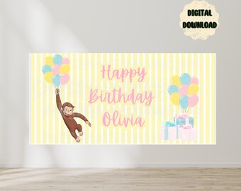 Pastel Curious Monkey Birthday Banner | Curious Inspired Birthday Decor | Personalized Party Banner | Editable| Digital File| Canva Template