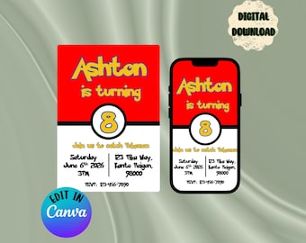 Pokeball Birthday Party Invitation |  Pikachu Party Invite | Editable Canva Template (Digital Download)