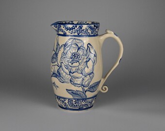 Handmade Large Ceramic Pitcher – Painted Cobalt Flowers