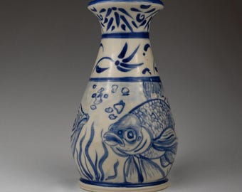 Handmade Ceramic Vase – Delft Style Fish – Wheel-Thrown Pottery – Handmade by Majewski Pottery