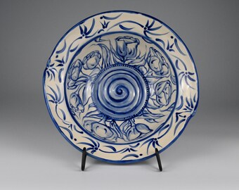 Handmade Ceramic Serving Bowl – Painted Cobalt Tulips