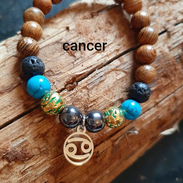 Bracelet cancer signe du zodiaque en bois pour homme femme astrologie