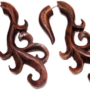 Fake wooden spreader earrings Piercing pair brown male mixed woman Ethnic gauge expander arabesque