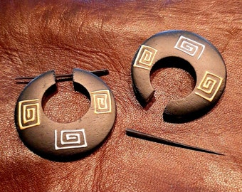 Wooden hoop earrings faux spreader artisanal post earrings