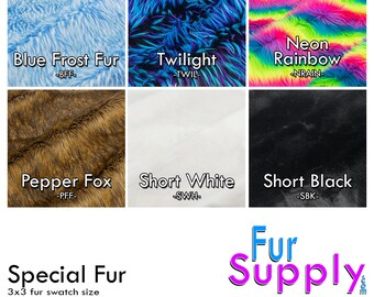 Fursupply - Sample Swatch - SPECIAL FUR - 3x3 square Short Black white Neon Rainbow Frosted Blue Rust Fox Gradient Plug Twilight 50402