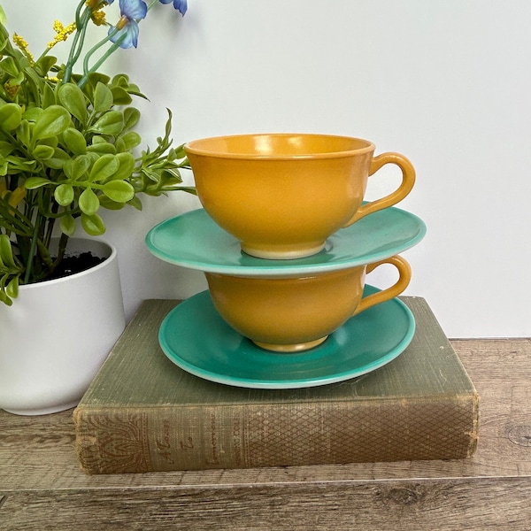 Vintage Mid Century 1950s Hazel-Atlas Tea Set | 4 Pieces Mix and Match, Aqua Saucer, Butterscotch Cup | Ovide Platonite, Tempo Color Scheme