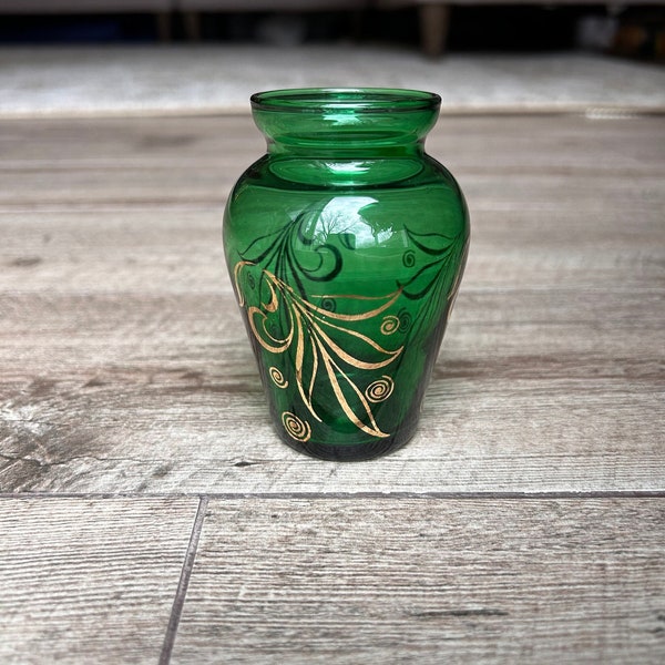 Anchor Hocking Emerald Green Small Mini Bud Vase | Green Glass Gold Swirls Leaves