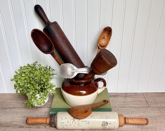 Rustic Farmhouse Kitchen Utensil | Antique Wooden Spoon, Rolling Pin, Paddle