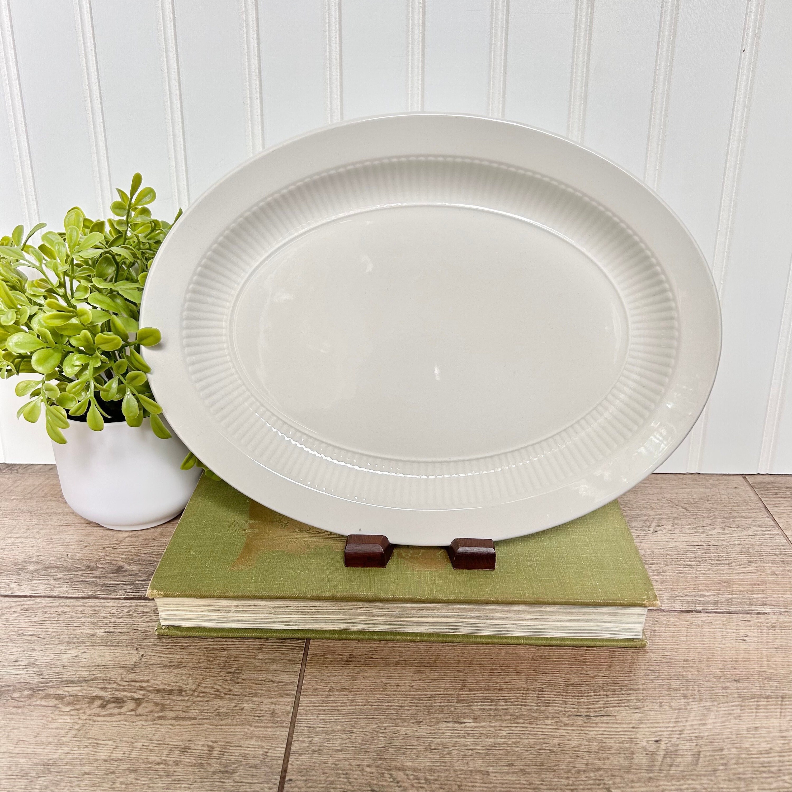 Adams China Real English Ironstone 11" Platter and 9" Oval Serving Bowl Set | Empress Pattern, Ribbed, Crazing | Made in England, Micratex