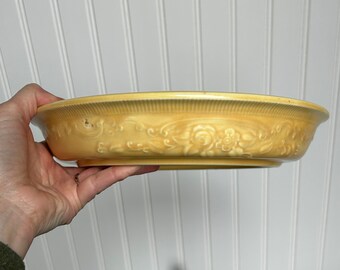 Vintage 1930s Homer Laughlin OvenServe Pie Plate Dish | 10.5" Sunny Yellow, Embossed Florals | HLC Made in USA West Virginia