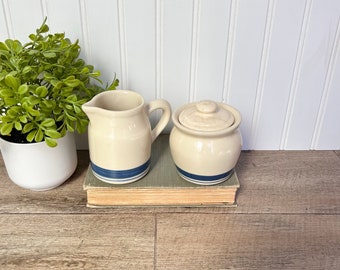 Friendship Pottery Stoneware Cream and Sugar Bowl Set | Beige Glaze, Blue Stripes | Farmhouse Country Kitchen | Made in Roseville, OH USA