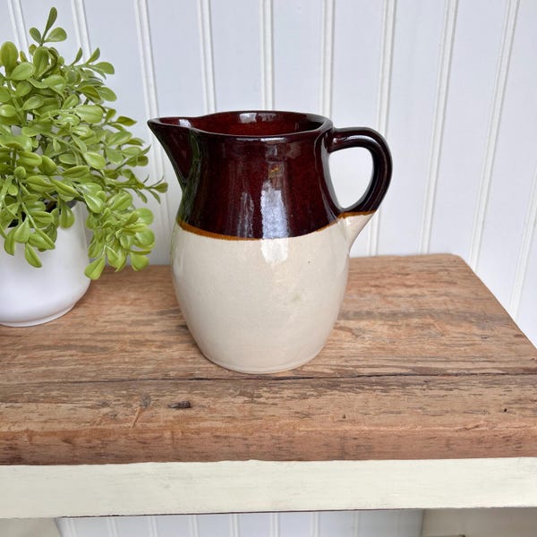 Vintage RRP Co Stoneware Pitcher | Cream & Brown, Roseville Ohio