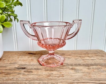 Vintage 1930s Flamingo Pink Depression Glass Open Sugar Bowl | Petal Pink by Heisey | Footed Base, Handled