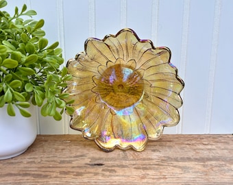Vintage Indiana Glass Co Amber Carnival Glass Lily Pons 7&quot; Bowl | Iridescent Orange Marigold, Textured Outside, Flower Petal Ruffled Edges